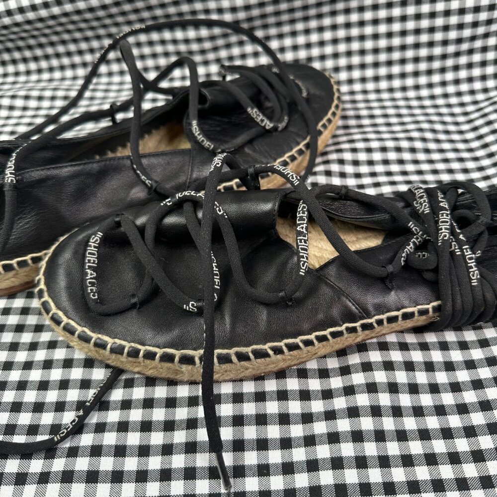 Off-White Black Leather Lace Up Summer Vacation Espadrille Flats Size EU 39 - Picture 8 of 8
